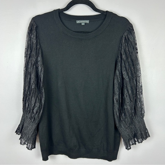 Adrianna Papell Lace Balloon Sleeve Round Neck Top Large Black - Picture 2 of 11